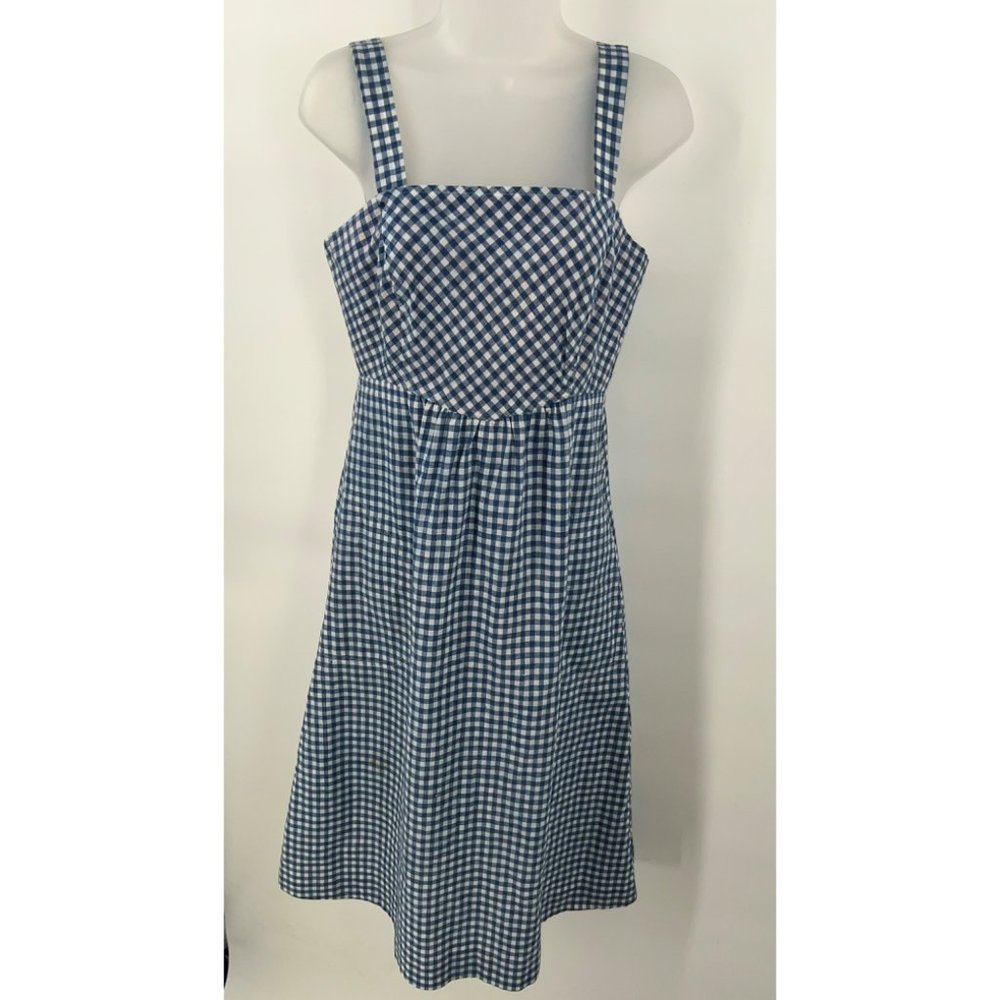 70s Lanz Midi Dress Blue White Seersucker Checkered Party Dress Size Medium